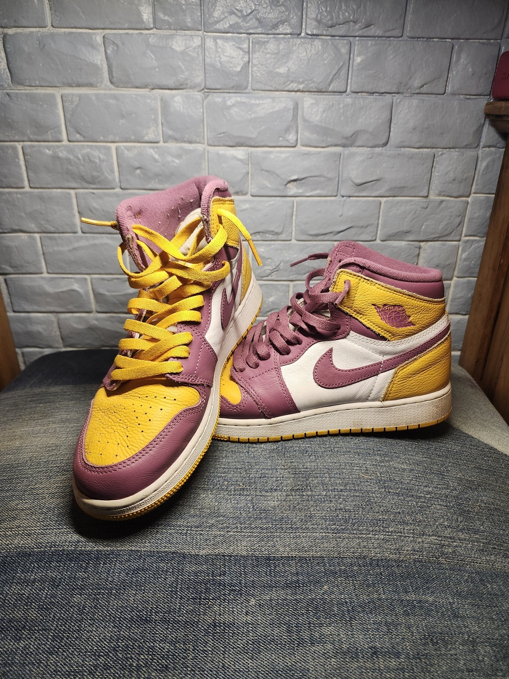 High-Top Jordans in Purple and Yellow